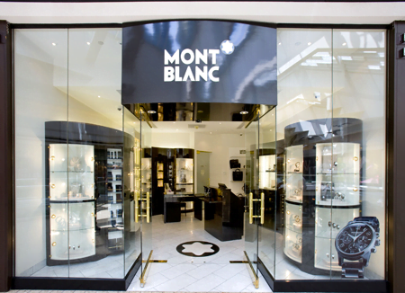 Watches are featured in a window display at the Montblanc store on