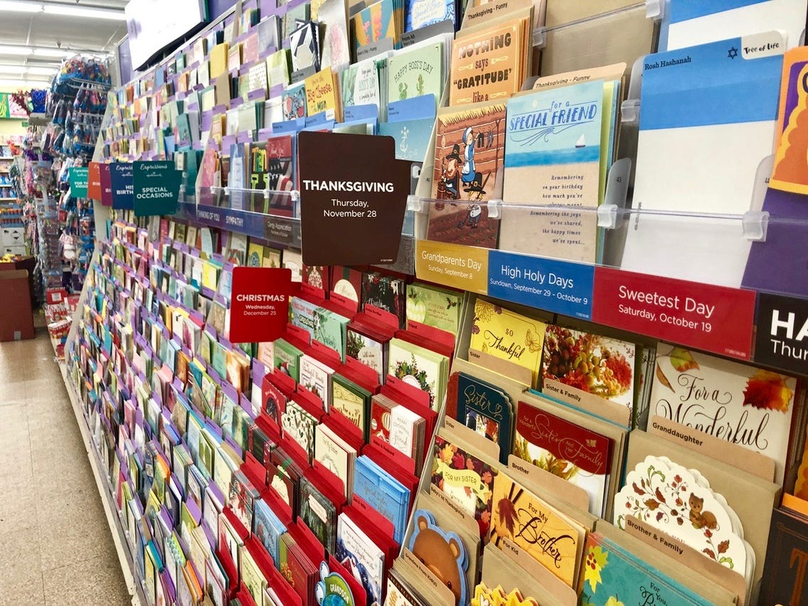 Shelves of cards inside a Hallmark store. Photo: Hallmark