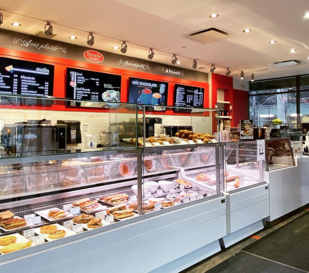 Interior of new Brioche Dorée location on Toronto's Bay Street showing pastry lineup. Photo: Brioche Dorée Instagram
