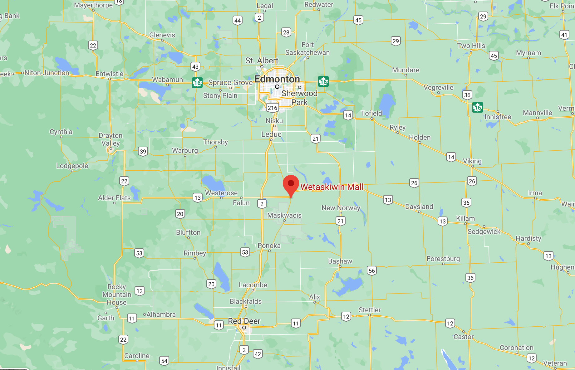 Google Map of Wetaskiwin Mall and surrounding area