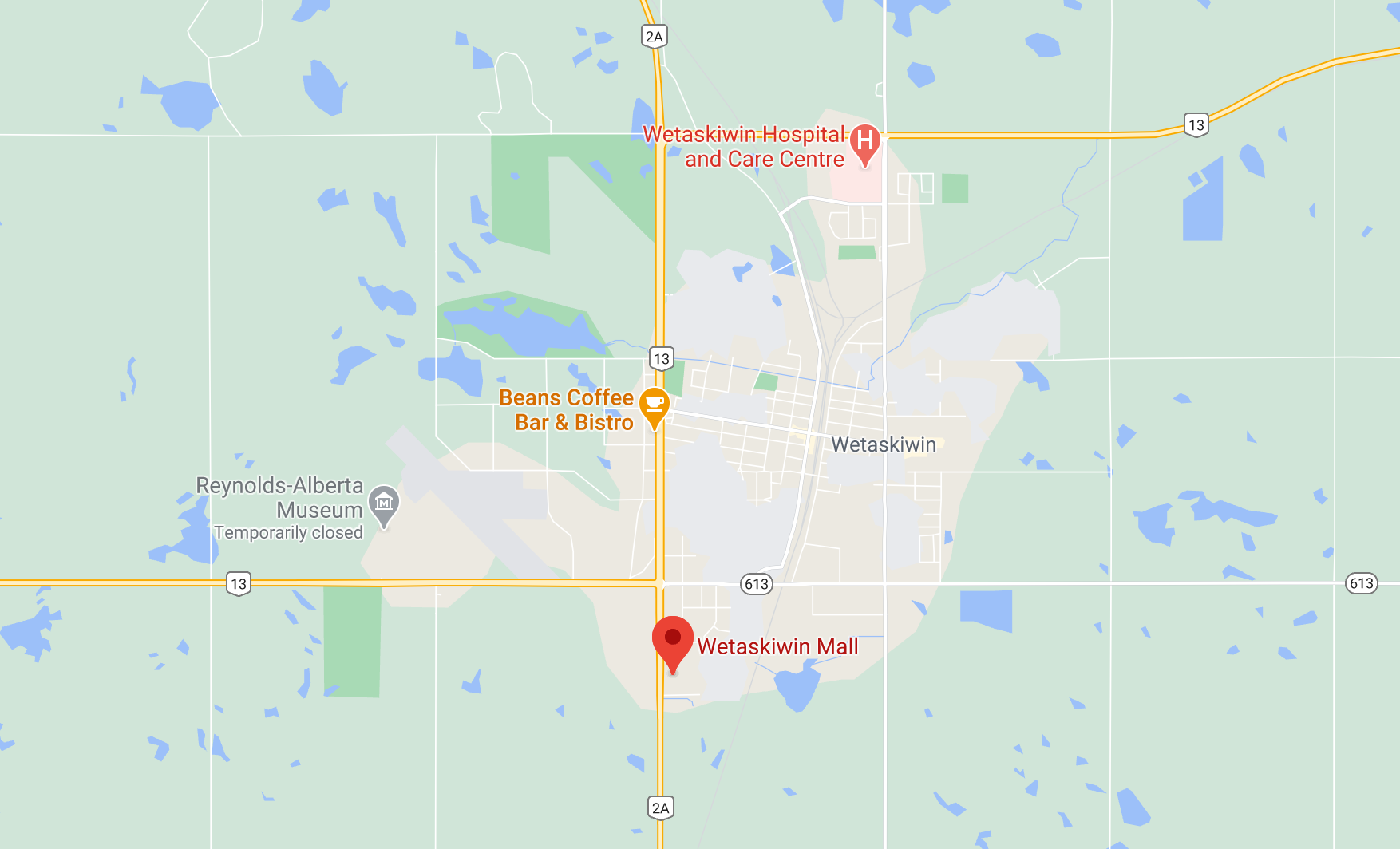 Google Map of Wetaskiwin Mall and surrounding area