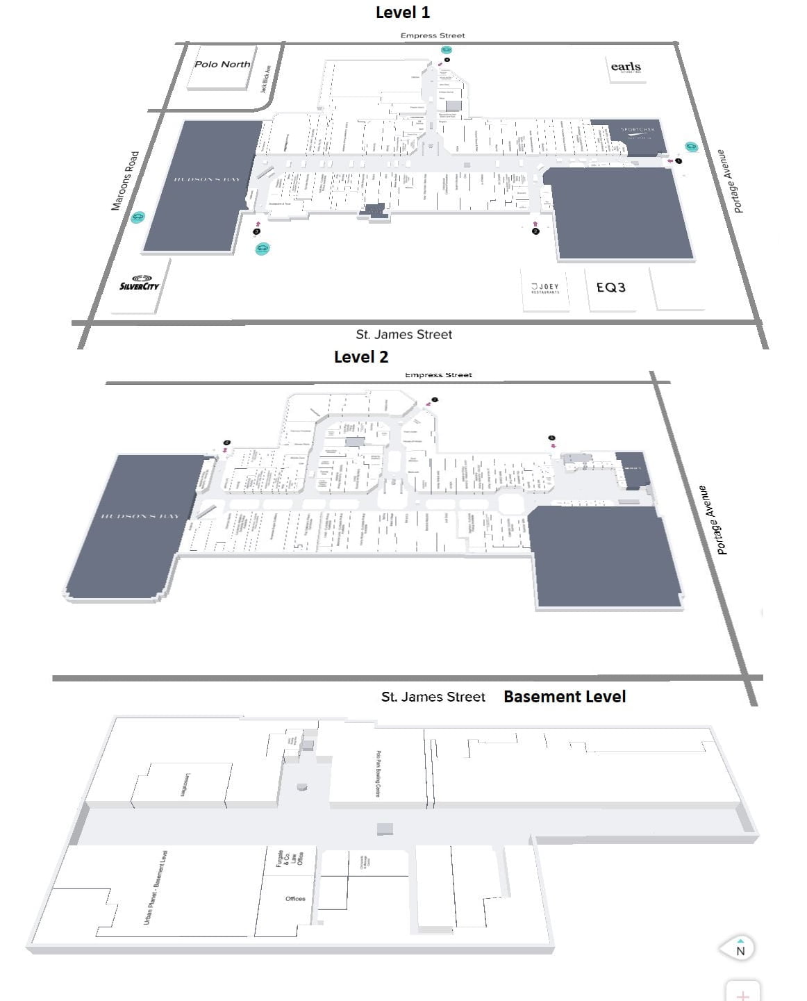 Map of three levels of CF Polo Park Shopping Centre. Photo: CF Polo Park