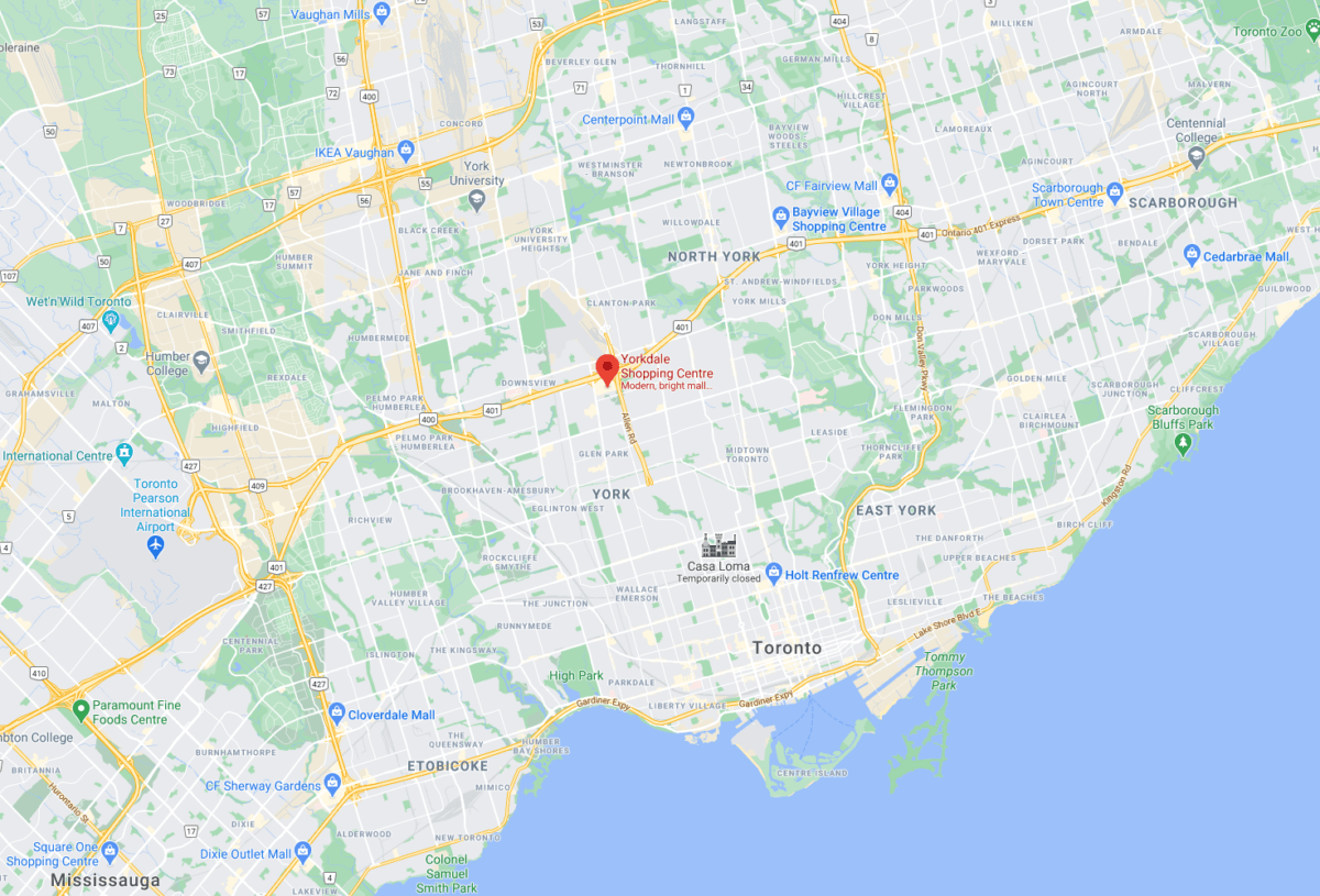 Google Map of Greater Toronto Area (GTA) with "Yorkdale Shopping Centre" pinned
