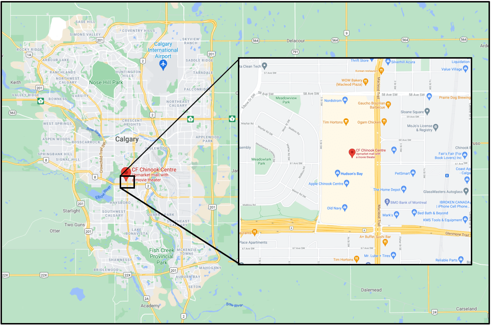 Google Map of Calgary with “CF Chinook Centre Mall” circled