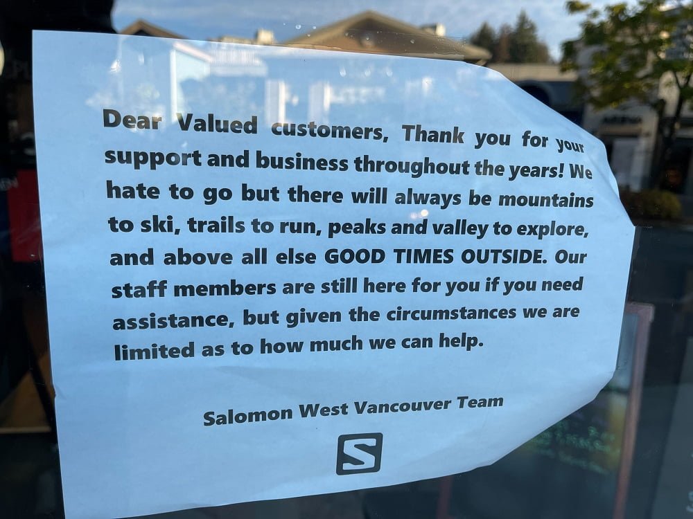 Store closing 'farewell' message in Salomon store window at Park Royal Shopping Centre in West Vancouver, BC
