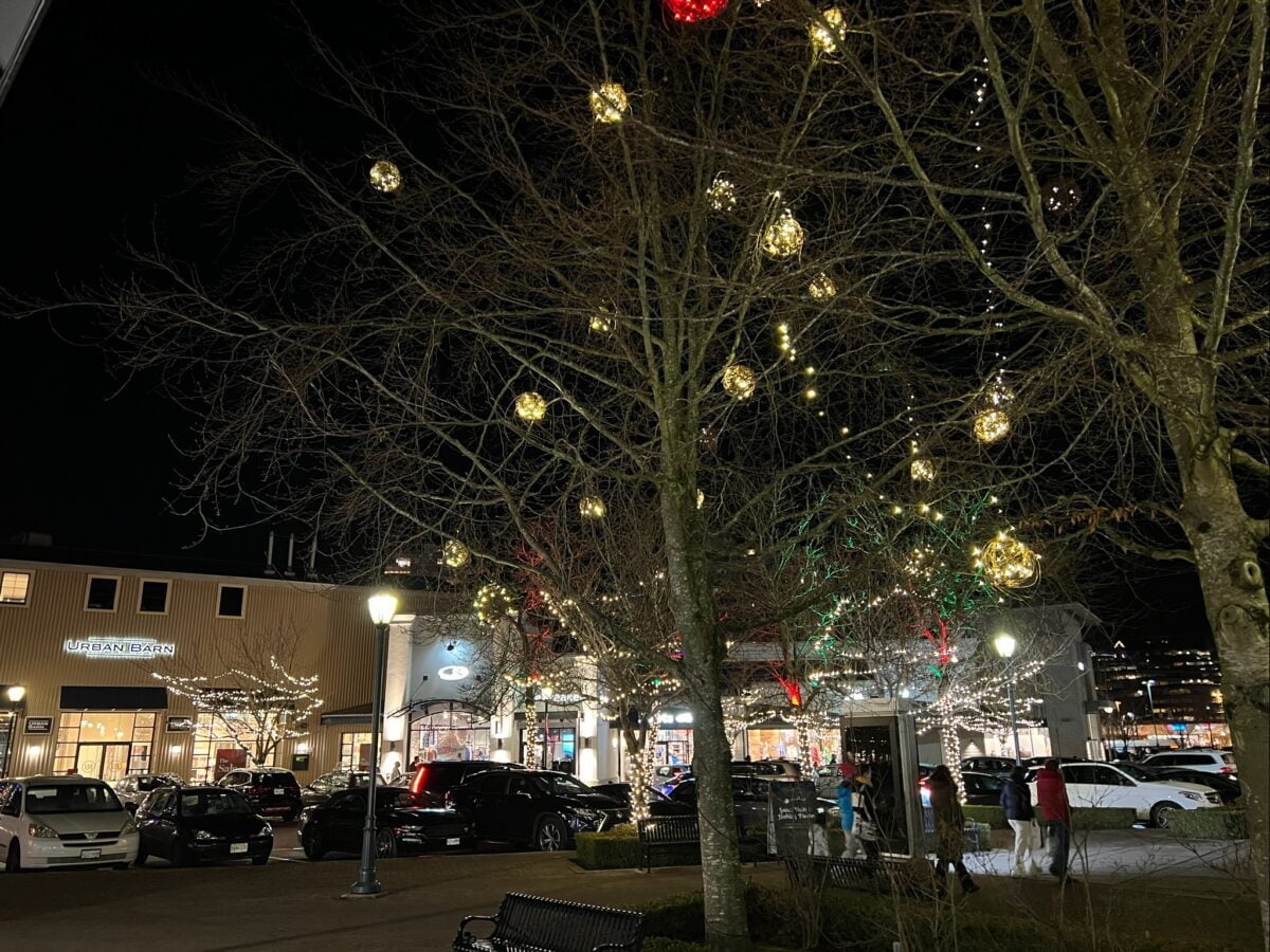 The Village at Park Royal lit for Christmas 2021 in West Vancouver (December 2021). Photo: Lee Rivett. 